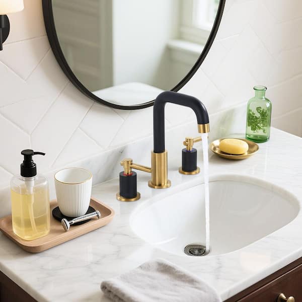 Deck Mount 8 in. Widespread Double Handle High Arc Bathroom Sink Faucet with Pop Up Drain in Black and Gold (1-Pack)