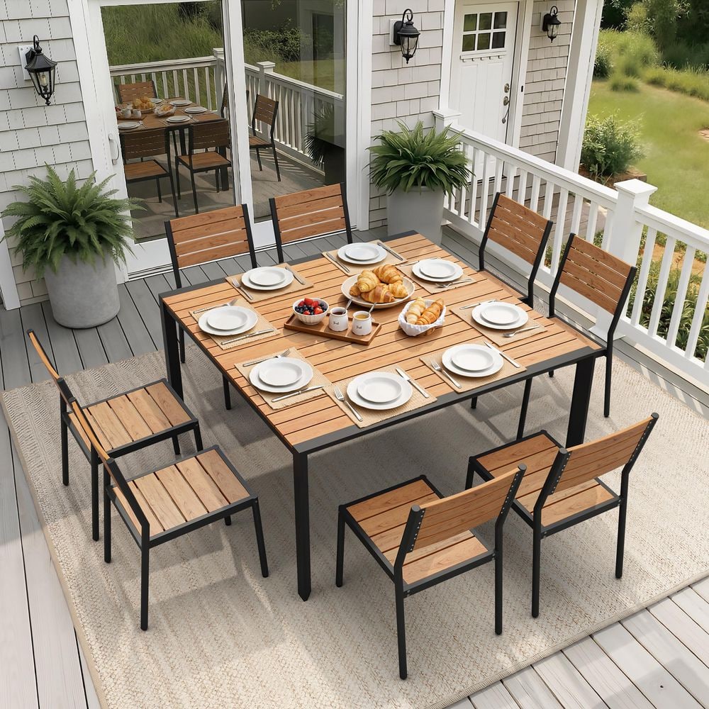 9-Piece Outdoor Dining Set with Brown Polywood Slats Aluminum Frame Table with Umbrella Hole 8-Stackable Armless Chairs price history on PriceWatchPro