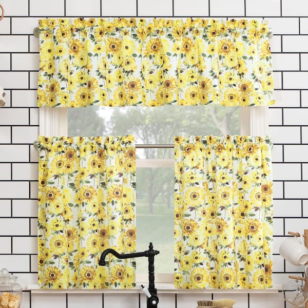 Sun Zero Sunny Sunflower Print Yellow 54 in. W x 36 in. L Rod Pocket Light Filtering Curtain Set for Kitchens (Set of 3)