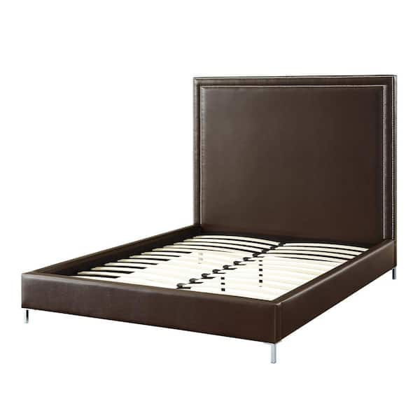 Inspired Home Samuele Espresso PU Leather Nailhead Trim Platform King Bed