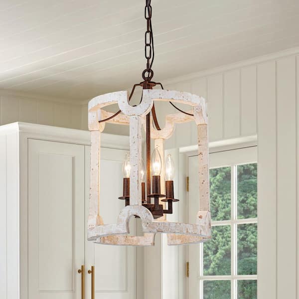 Y'INSP 4 Light ‎Distressed White Modern French Country Drum Pendant Chandelier for Dining Room with No Bulbs Included
