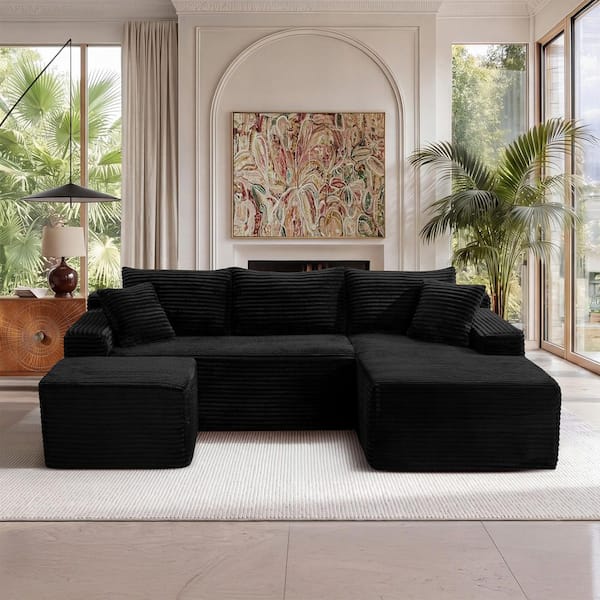 Willa 94.5 in. Square Arms 3-Piece Corduroy Modular Compressed Sectional Sofa in Black with Ottoman, Right Arm Chaise