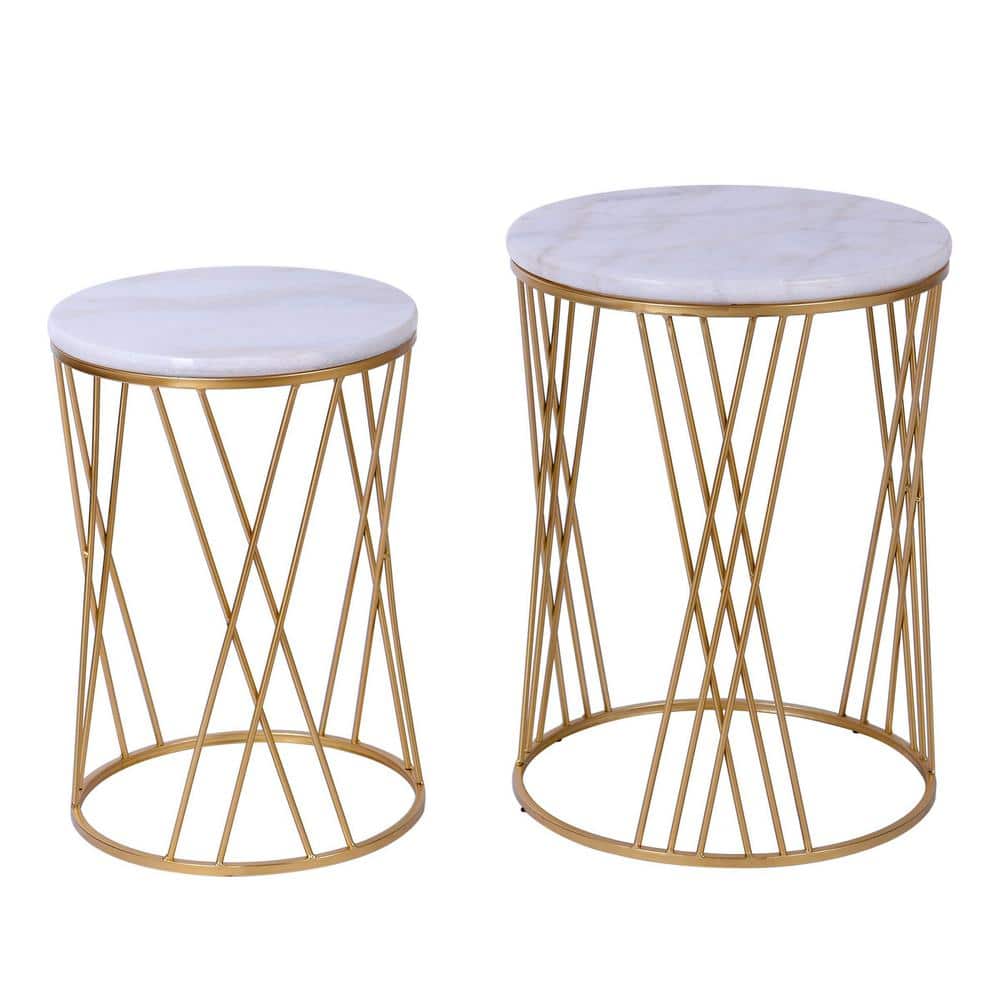 StyleCraft 15.7 in. White Marble, Gold Round Marble End Table