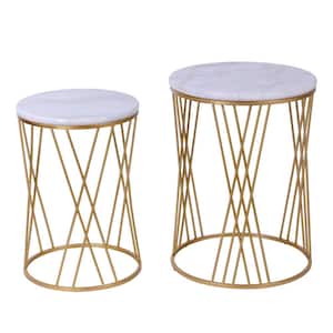 15.7 in. White Marble, Gold Round Marble End Table