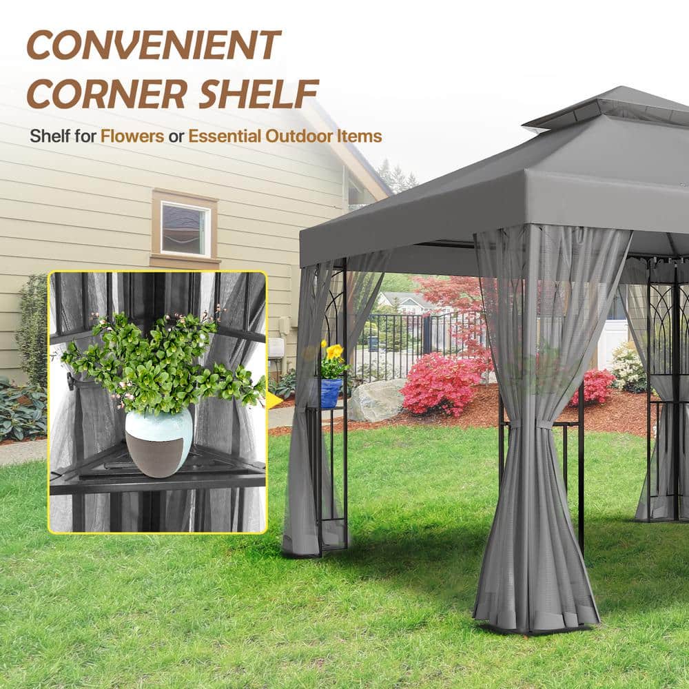 Gray 10' x 10' Metal Frame Patio Gazebo with Netting
