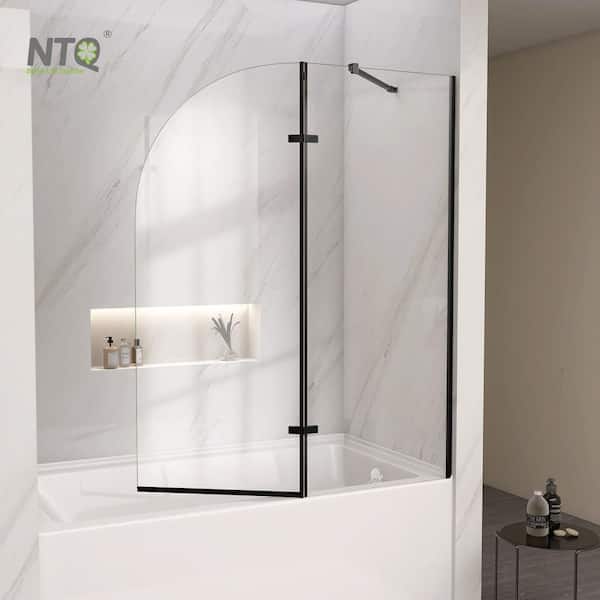 NTQ 48 in. W. x 58 in. H Pivot Fold Tub Door Hinged Bathtub Shower Door in Frameless Matte Black with 1/4 in. Clear Glass