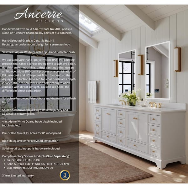 Audrey 84 in. W x 22 in. D x 34.3 in. H Double Sinks Bath Vanity in White with Alpine White Quartz and Gold Hardware