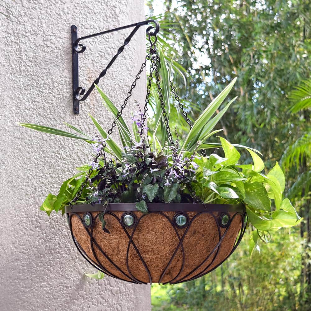 Large Black Metal Round Hanging Outdoor Planter with Coconut Liner