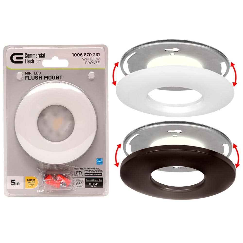 Commercial Electric 5 in. Mini Closet Light LED Flush Mount with White and  Bronze Trims Fits 3.5 in. 4 in. Junction Boxes 7-Watts 650 Lumens 564361410  - The Home Depot