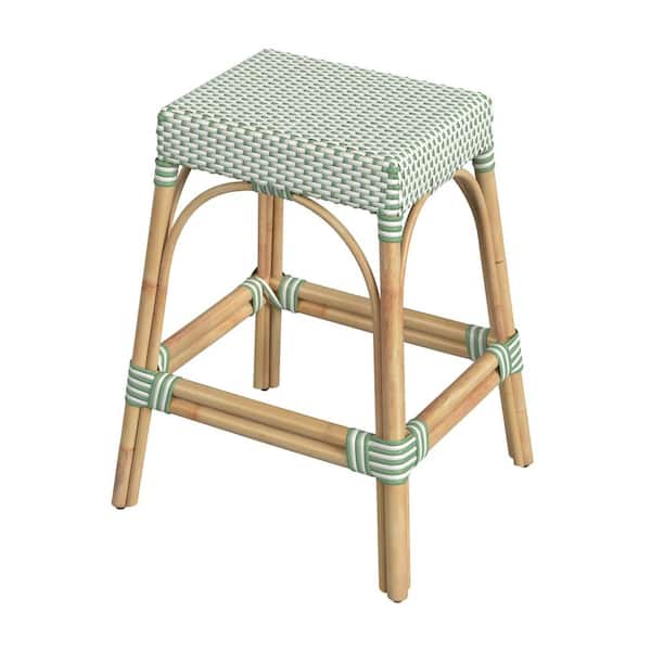 Butler Specialty Company Robias 24.5 in. White and Green Dot Backless Rectangular Rattan Counter Stool (Qty 1)