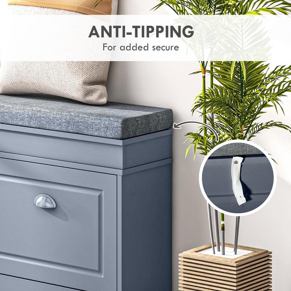 Gray Modern Shoe Rack Bench with Cushion and Storage Drawers