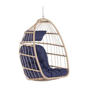 Outdoor Patio Wood Rattan Egg Porch Swing Chair Hanging Chair with Dark Blue Cushion