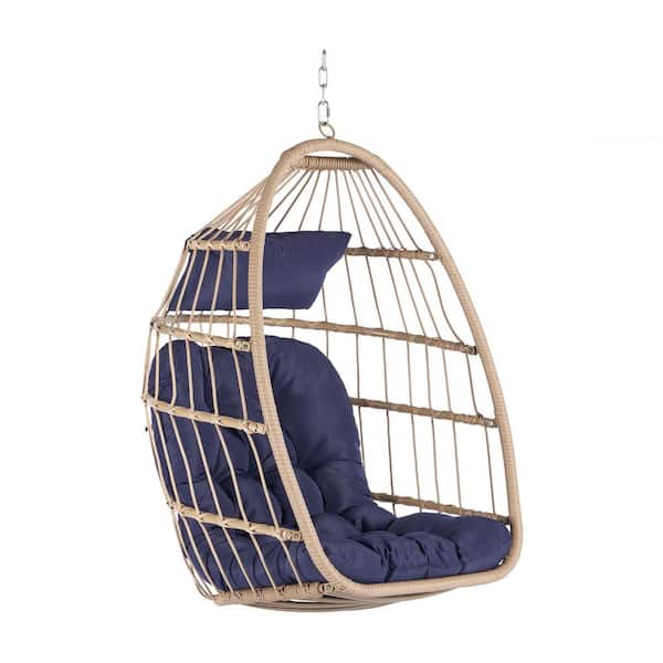 Boosicavelly Outdoor Patio Wood Rattan Egg Porch Swing Chair Hanging Chair with Dark Blue Cushion