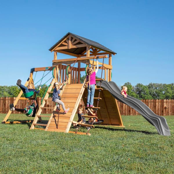 Endeavor Outdoor Playground Set w/ Elevated Clubhouse, Climbing Wall, Swing Set, Web Swing, and Gray Wave Slide