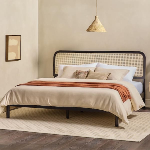 Modern Wood Frame King Platform Bed with Rattan Headboard