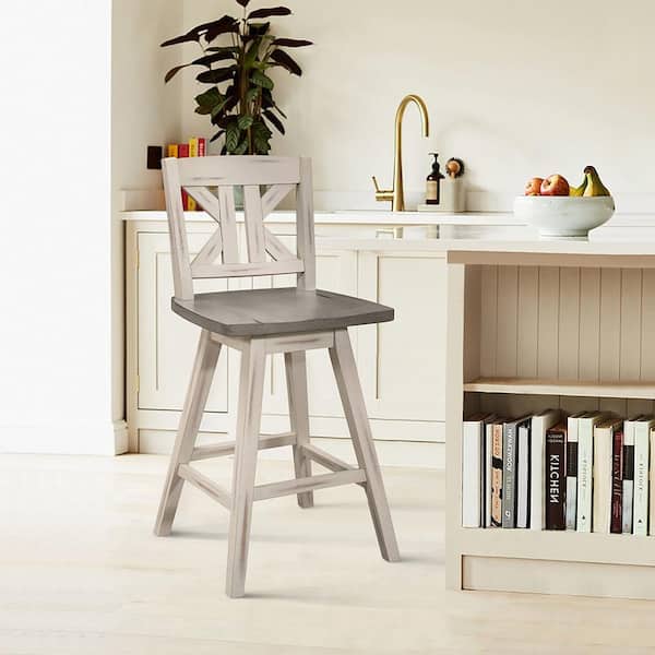Fenton 23 in. Distressed Gray and White Wood Swivel Counter Height Chair (Divided X-Back) with Wood Seat (Set of 2)
