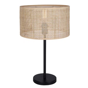 Bellamy 22 in. Matte Black Table Lamp with Natural Rattan Shade and 3 Way Switch