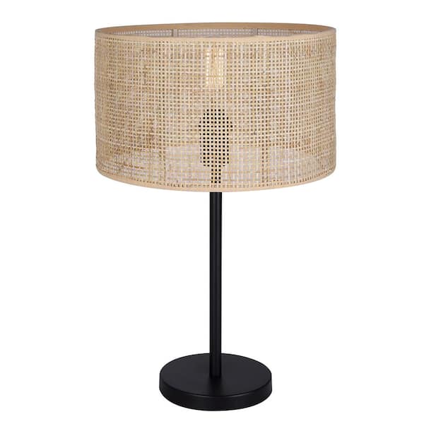 Bellamy 22 in. Matte Black Table Lamp with Natural Rattan Shade and 3 Way Switch