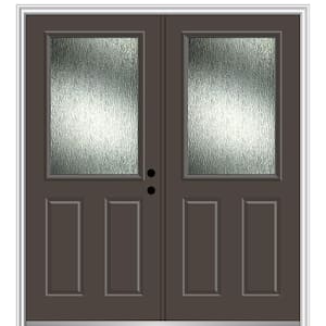 64 in. x 80 in. Left-Hand Inswing Rain Glass Brown Fiberglass Prehung Front Door on 4-9/16 in. Frame