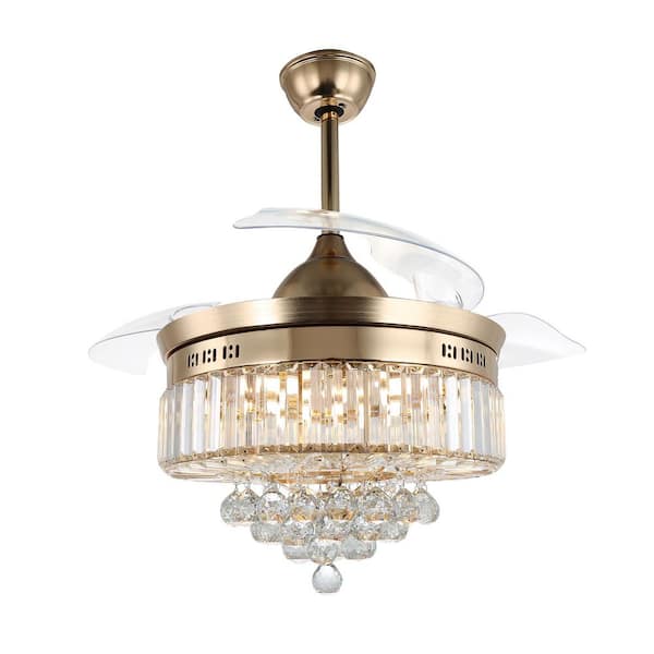 Oaks Aura Fornace 42in. LED Indoor French Gold 3-Speed Retractable Glam Crystal Ceiling Fan with Light, Remote Control