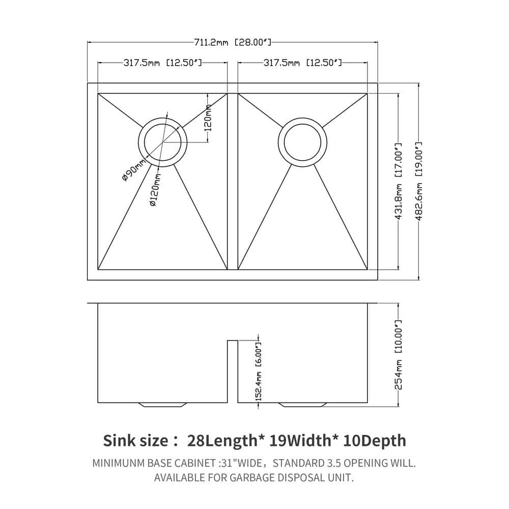 28'' Brushed Nickel Double Bowl Stainless Steel Undermount Kitchen Sink