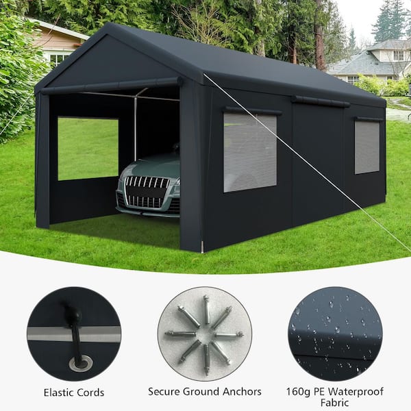 10 ft. x 20 ft. Heavy-Duty Portable Carport with Side-Opening Door, Roll-Up Windows and Reinforced 4-Hole Base, Black