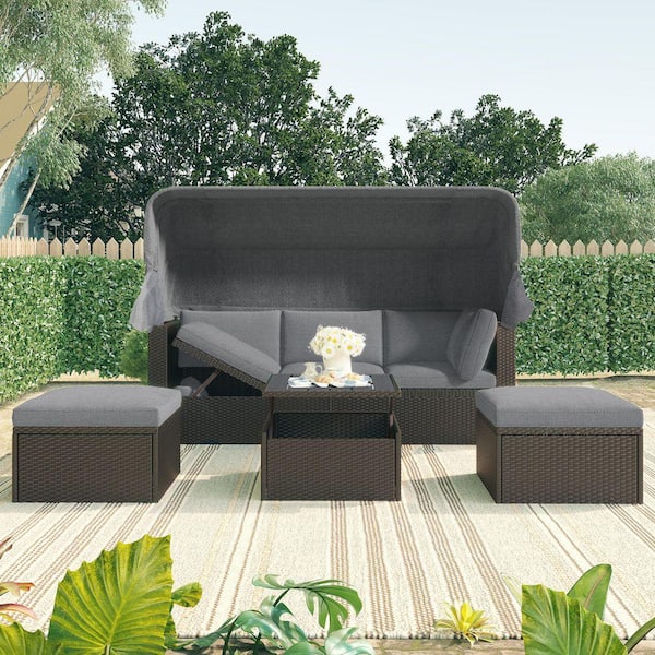 5-Piece Gray Wicker Outdoor Patio Day Bed Furniture Set with Retractable Canopy Side Table and Dark Gray Cushions