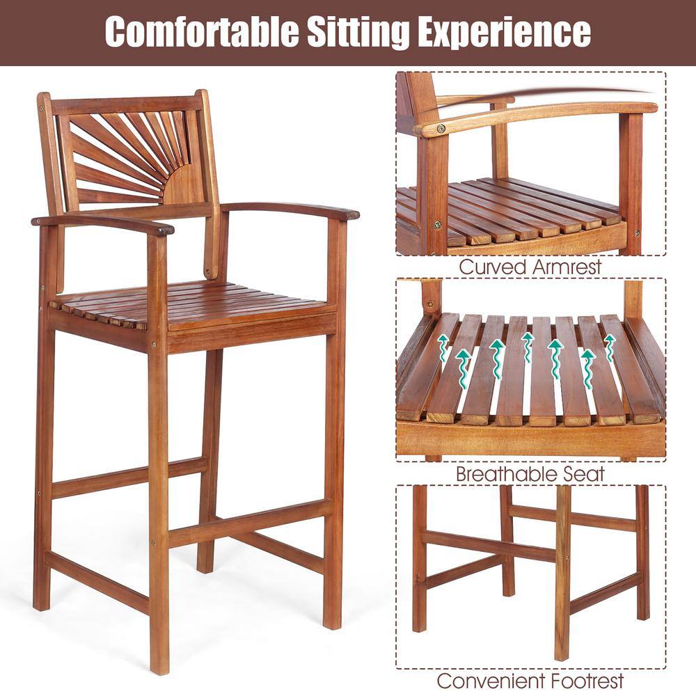 Acacia Wood High-Back Brown Outdoor Bar Stools with Armrests - Set of 2