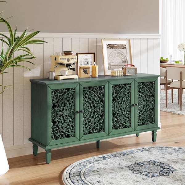 Euclid Rustic 59.84 in. W Antique Green MDF Wood Buffet Sideboard Cabinet with Brass Handles Adjustable Shelves