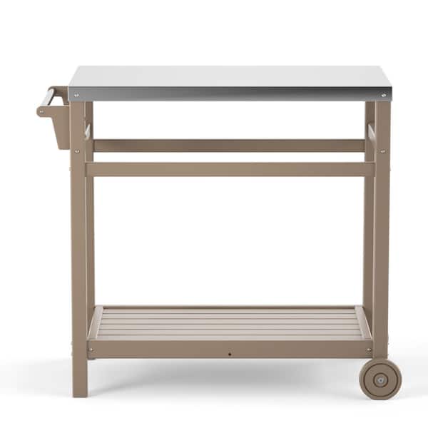 34 in. Steel Brown Wood Outdoor Grill Carts Dining Table for Pizza Oven, Patio Grilling Backyard BBQ Grill Cart