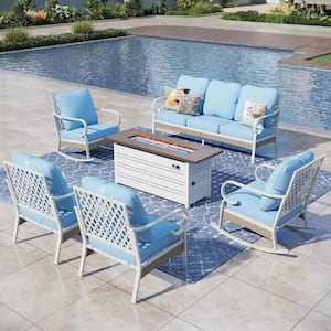 White 6-Piece Metal Outdoor Patio Conversation Seating Set with Rocking Chair, 50000 BTU Fire Pit Table and Blue Cushion