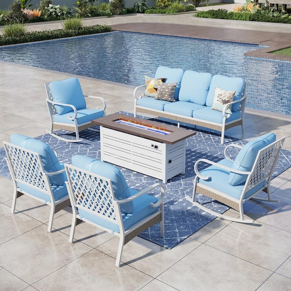 PHI VILLA White 6-Piece Metal Outdoor Patio Conversation Seating Set with Rocking Chair, 50000 BTU Fire Pit Table and Blue Cushion