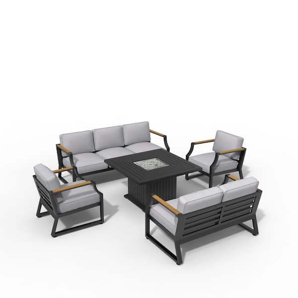 moda furnishings Chloe Black 5-Piece Aluminum Patio Fire Pit Conversation Set with Gray Cushions