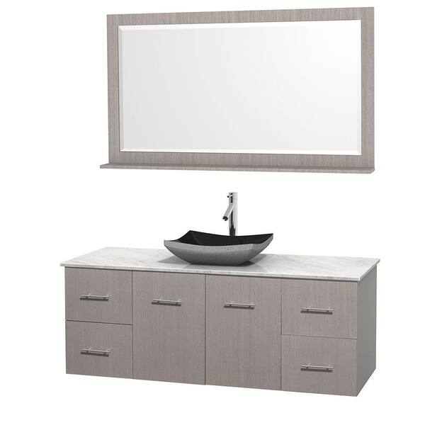 Wyndham Collection Centra 60 in. Vanity in Gray Oak with Marble Vanity Top in Carrara White, Black Granite Sink and 58 in. Mirror