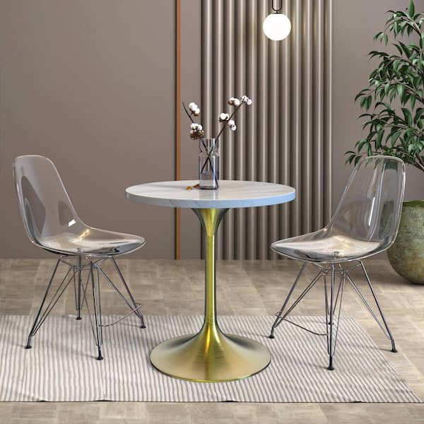 Leisuremod Verve Mid-Century Modern White Marble Top 27.56 in. Pedestal Dining Table Seats 4 with Brushed Gold Base