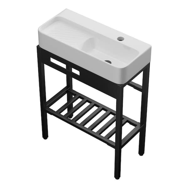 28 in. Ceramic White Bathroom Console Sink Washboard and Stainless Steel Base in Matte Black Combo with Overflow