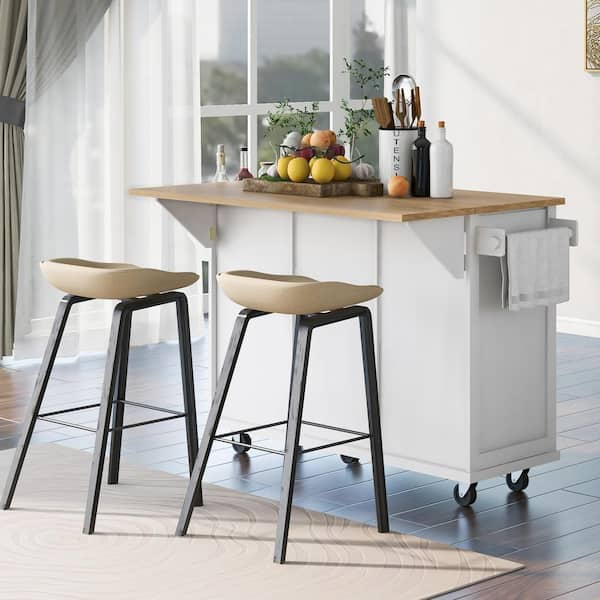 ARTCHIRLY Brown Solid Wood Top 53.1 in. White Kitchen Island with Drop Leaf, Cabinet Door Internal Storage Racks and 3-Drawers