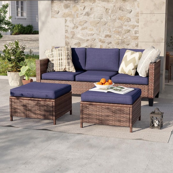 3-Seater Patio Brown Wicker Sofa set with Ottomans, Navy Blue Cushion