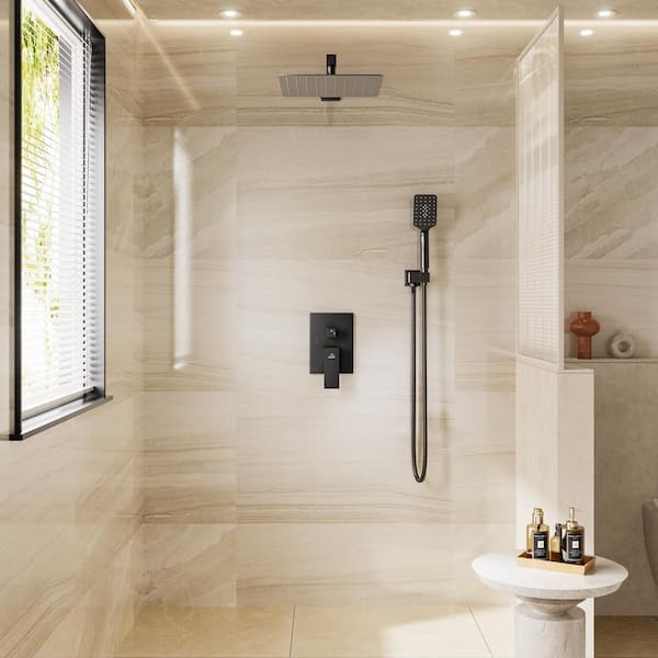 4-Spray Pattern 10 in. Wall Mount Shower System Shower Head and Functional Handheld, Matte Black (Valve Included)