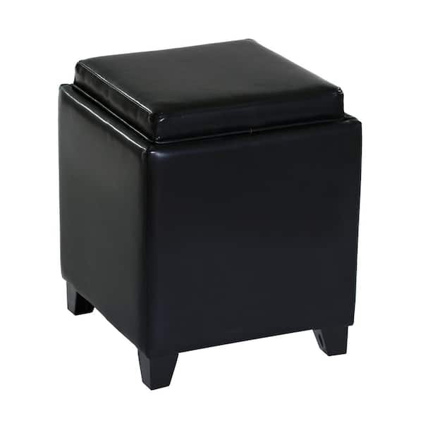Armen Living Rainbow Black Contemporary Storage with Tray in Bonded Leather Ottoman