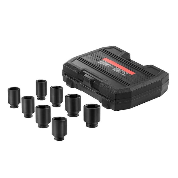 Axle Nut Impact Socket Set, 1/2 in. Drive Deep 6-Point 8-Piece SAE Spindle Nut Socket Set, CR-MO Heat Treated