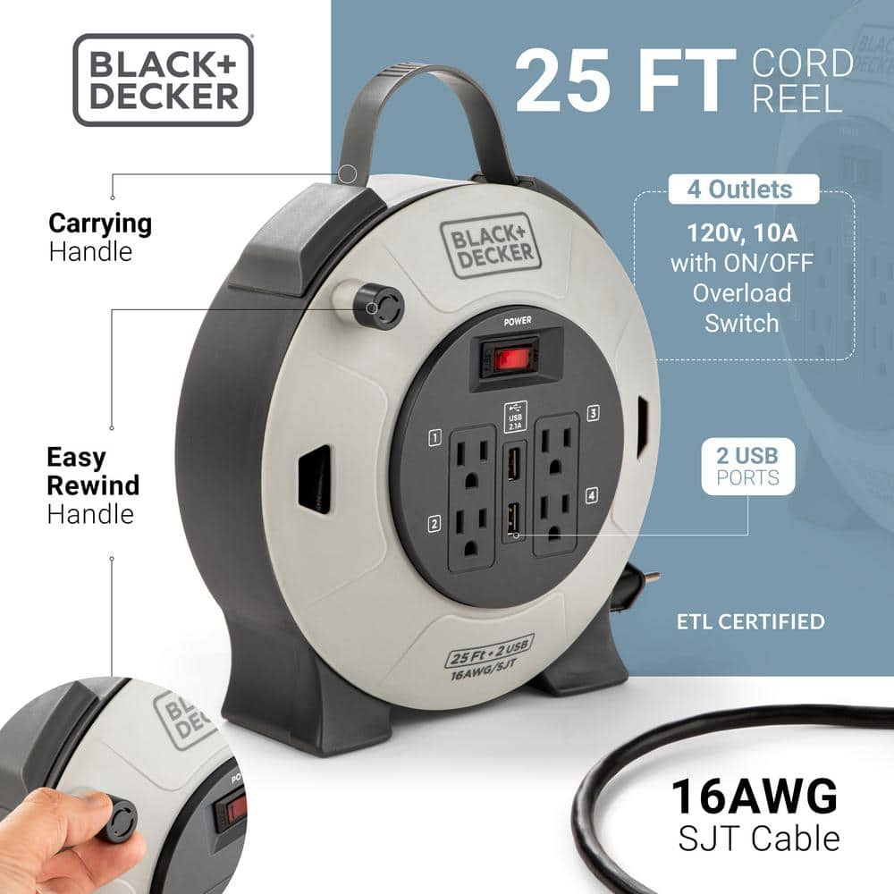 BLACK + DECKER BDXPA0061 25 Ft. 4 Outlets And 2 USB Retractable ...