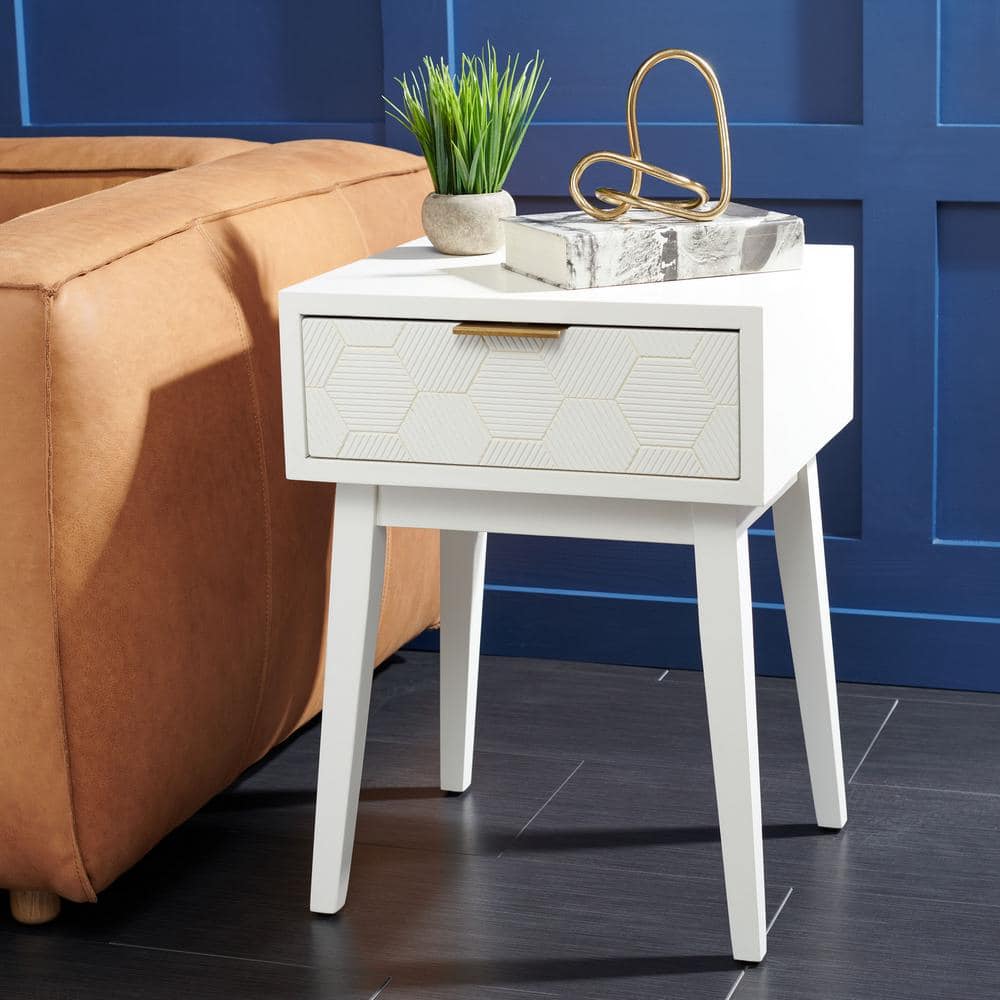 White Wood and Metal Retro Accent Table with Storage