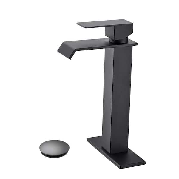 Waterfall Spout Bathroom Sink Single Handle Faucet with Pop-Up Drain (No Overflow)Matte Black