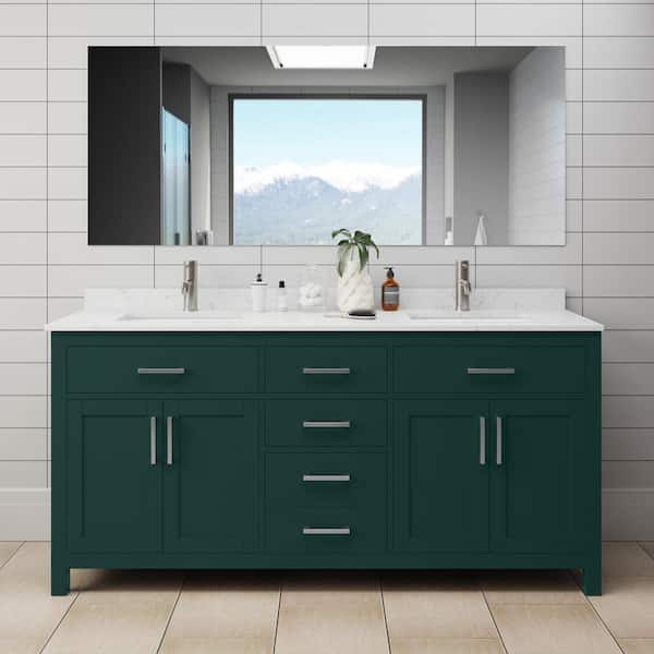 Wyndham Collection Beckett 72 in. W x 22 in. D x 35 in. H Double Sink Bathroom Vanity in Green with Carrara Cultured Marble Top