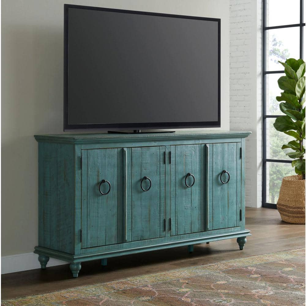 Rustic Turquoise Solid Pine 65" TV Stand with Cabinet