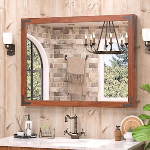 40 in. W x 30 in. H Large Rectangular Rustic Wood Framed Farmhouse Wall Bathroom Vanity Mirror in Brown