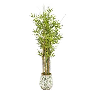 64 in. Grass Artificial Bamboo Plant in Floral Print Planter