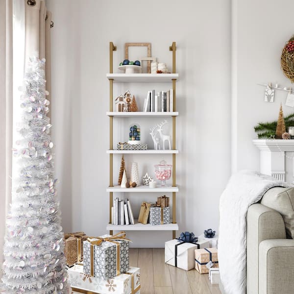 Theo White 5-Shelf Ladder Bookcase or Bookshelf with Gold Metal Frame