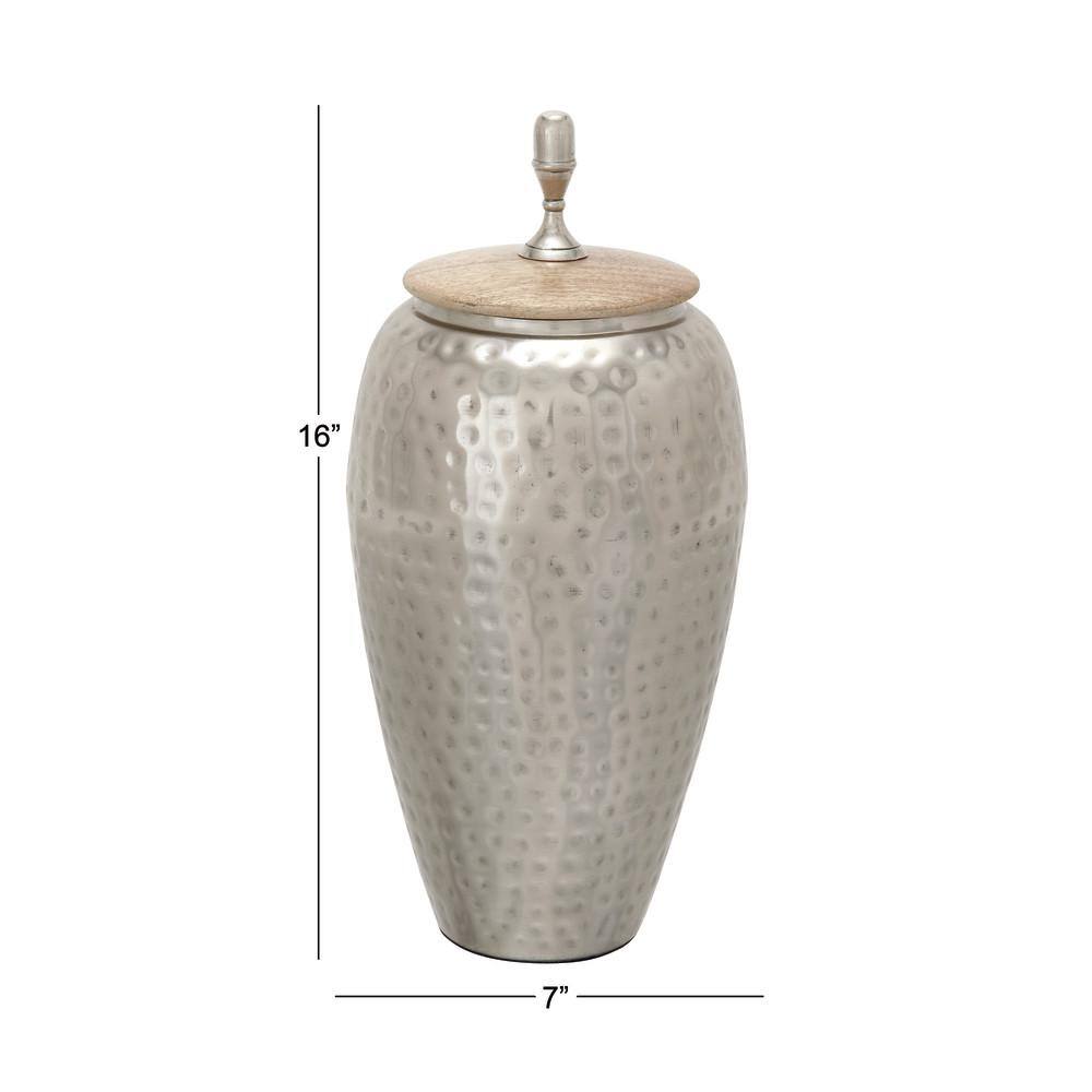 Contemporary 7" x 16" Silver Iron Jar with Wooden Lid